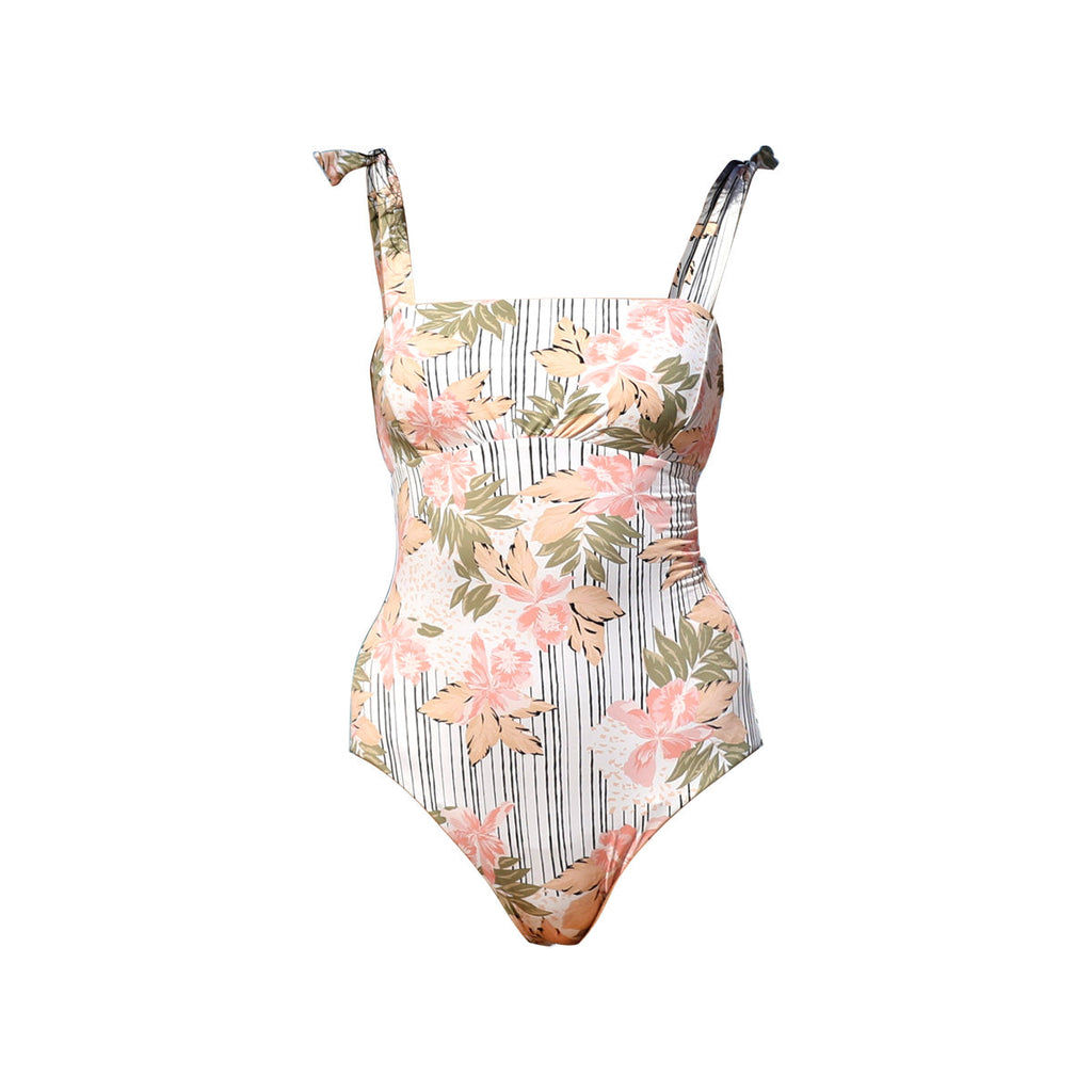 Square Neck Shoulder Tie One Piece Swimsuit