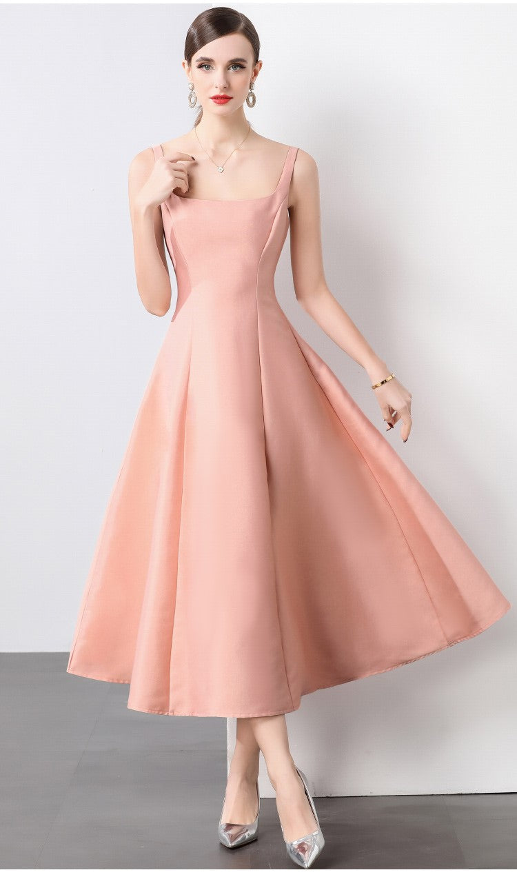 Square Neck Thick Strap Long Flared Ballerina Dress