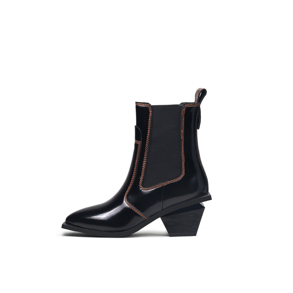 Stitch Pattern Black Leather Boots-0