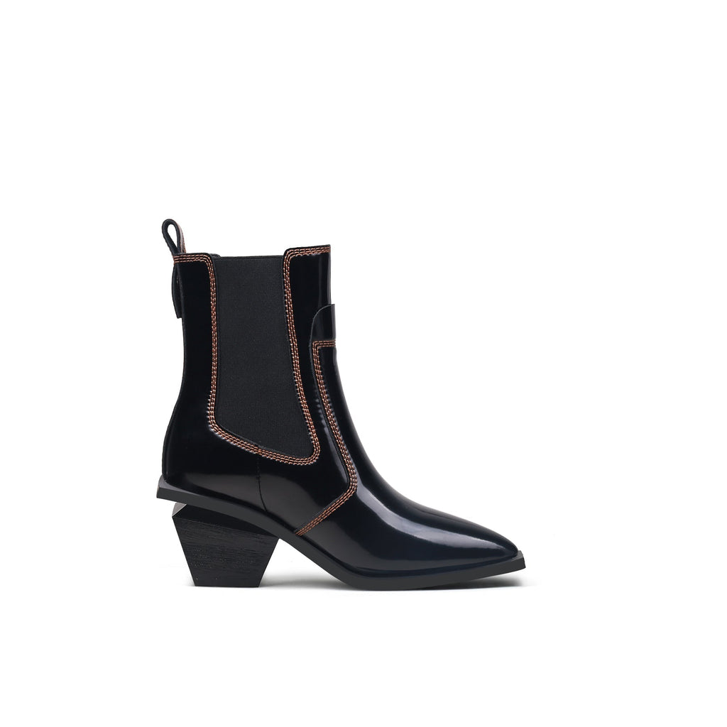 Stitch Pattern Black Leather Boots-2