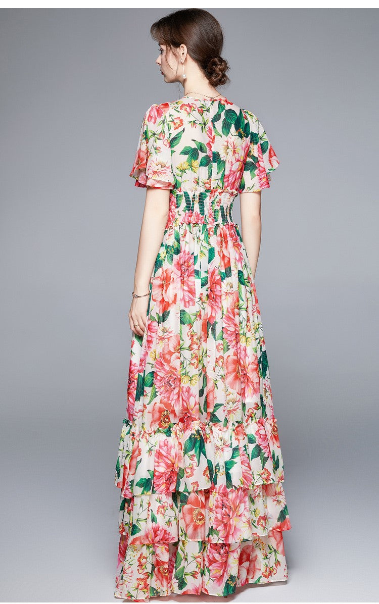 Stretchy Floral V Neck Ruffled Waist Maxi  Dress