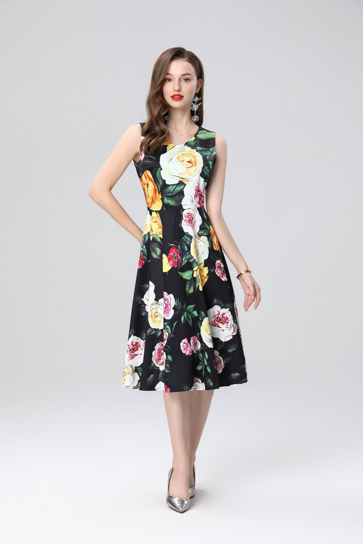 Structured A Line Floral Black Dress