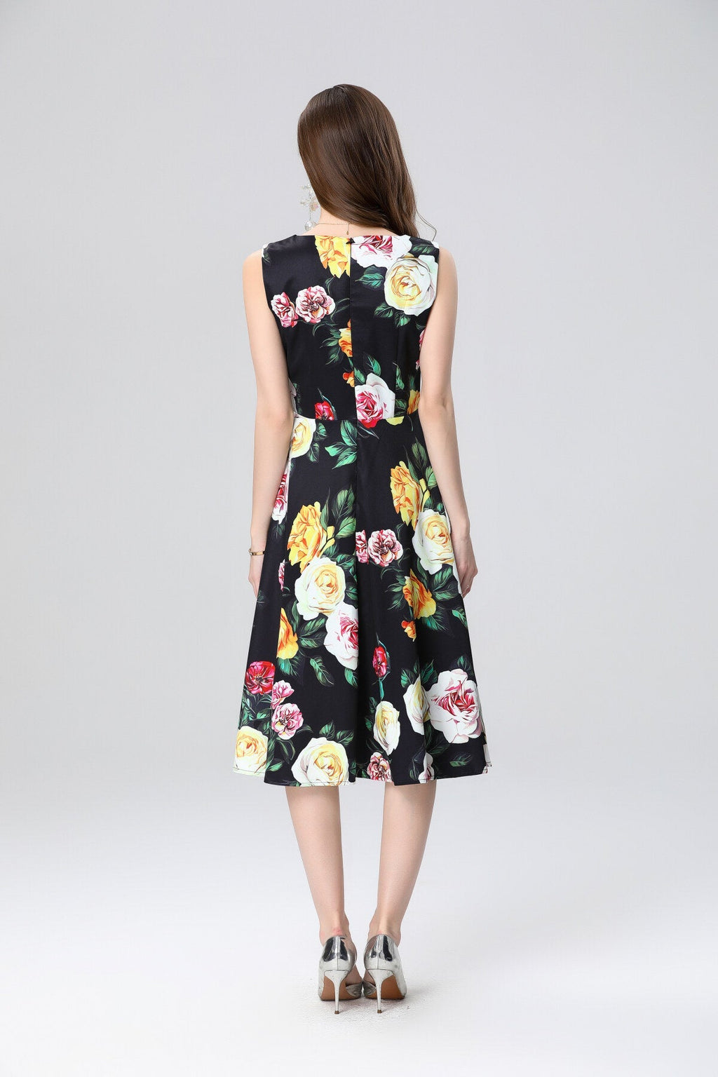 Structured A Line Floral Black Dress