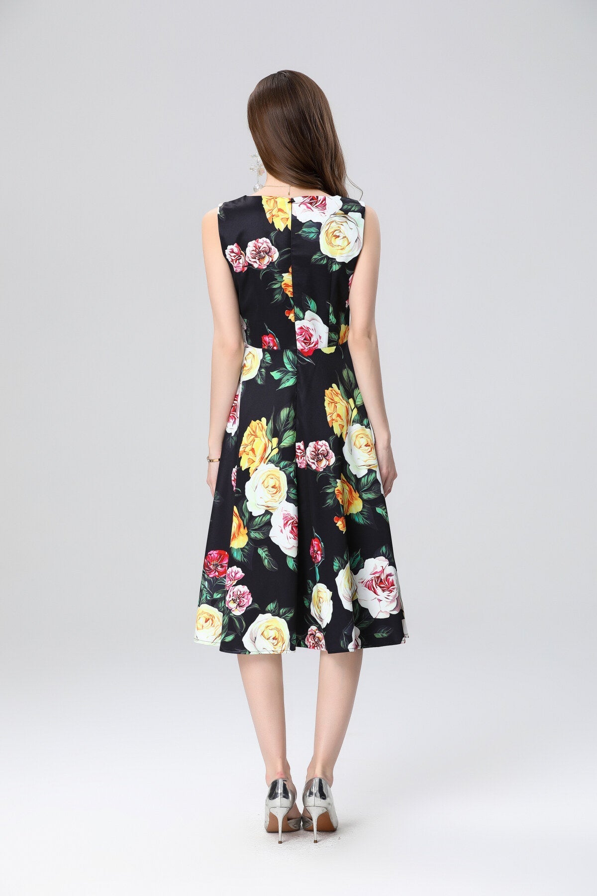 Structured A Line Floral Black Dress