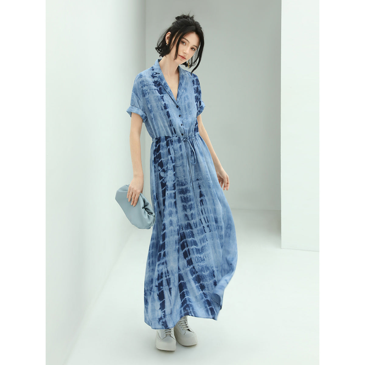 Summery Tie Dye Flowy Blue Shirt Dress