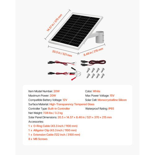20W 12V Solarpanel-Akku, Solarzellen-Akku mit eingebautem Styropor und Schutz, IP65, geeignet für Mahlen, Pfähle, Gardinen, Gräser (geeignet für 40-mm-68-mm-Stahl) | EU