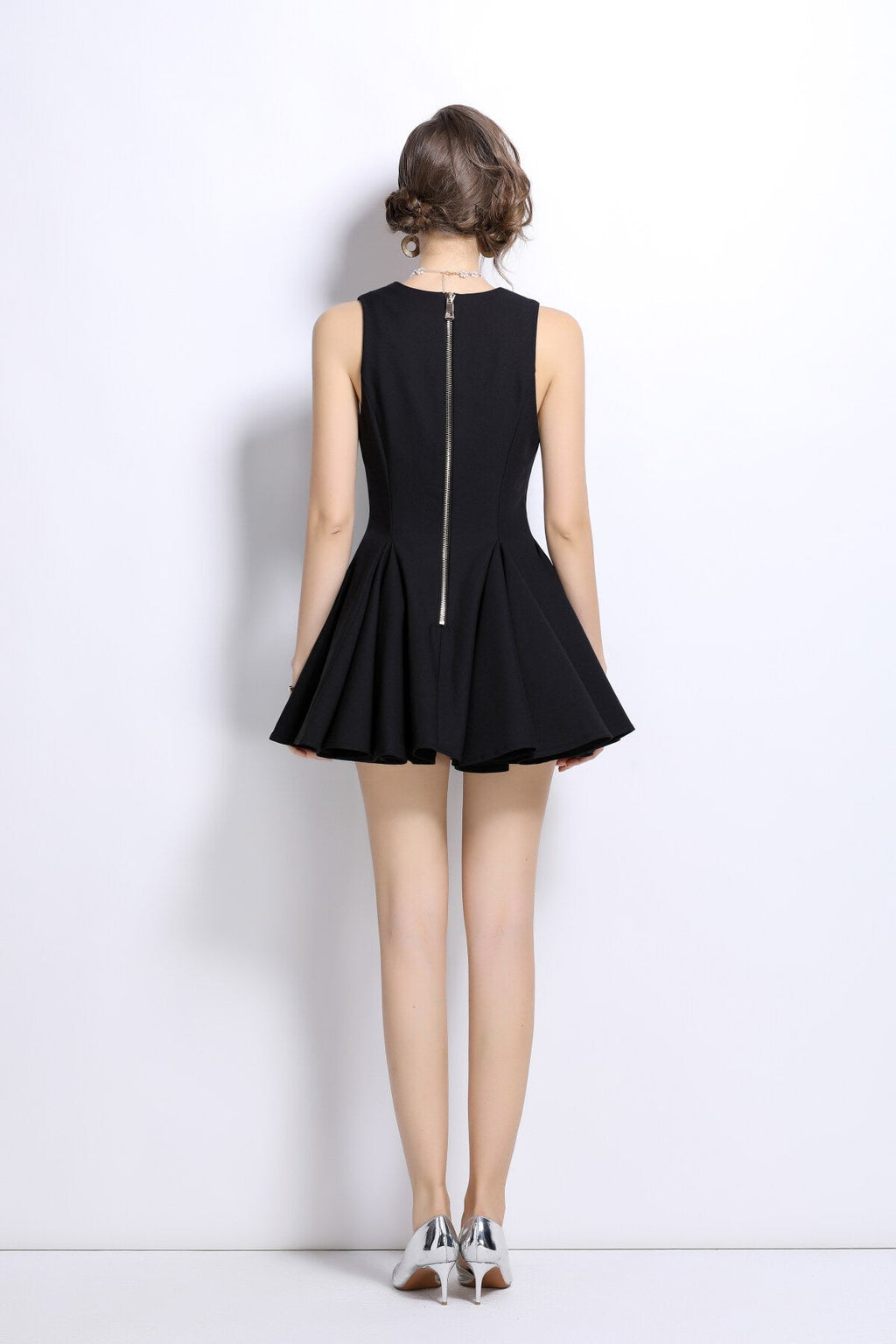 V Neck Double Breasted Pleated Puff Mini Dress