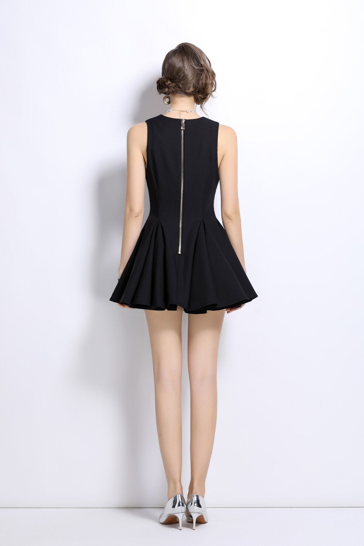 V Neck Double Breasted Pleated Puff Mini Dress