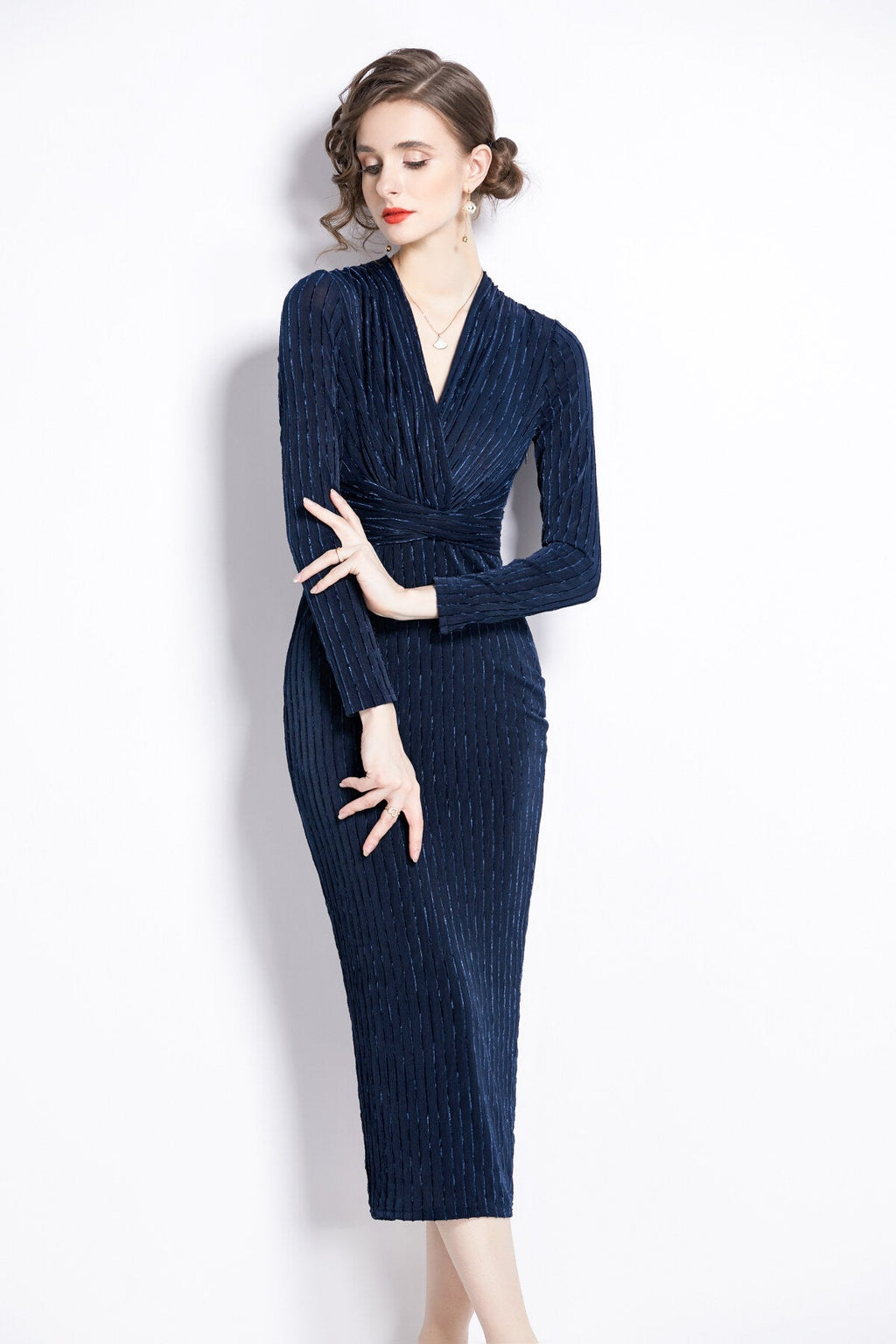 V Neck Tie Waist Bodycon Versatile Velvet Dress