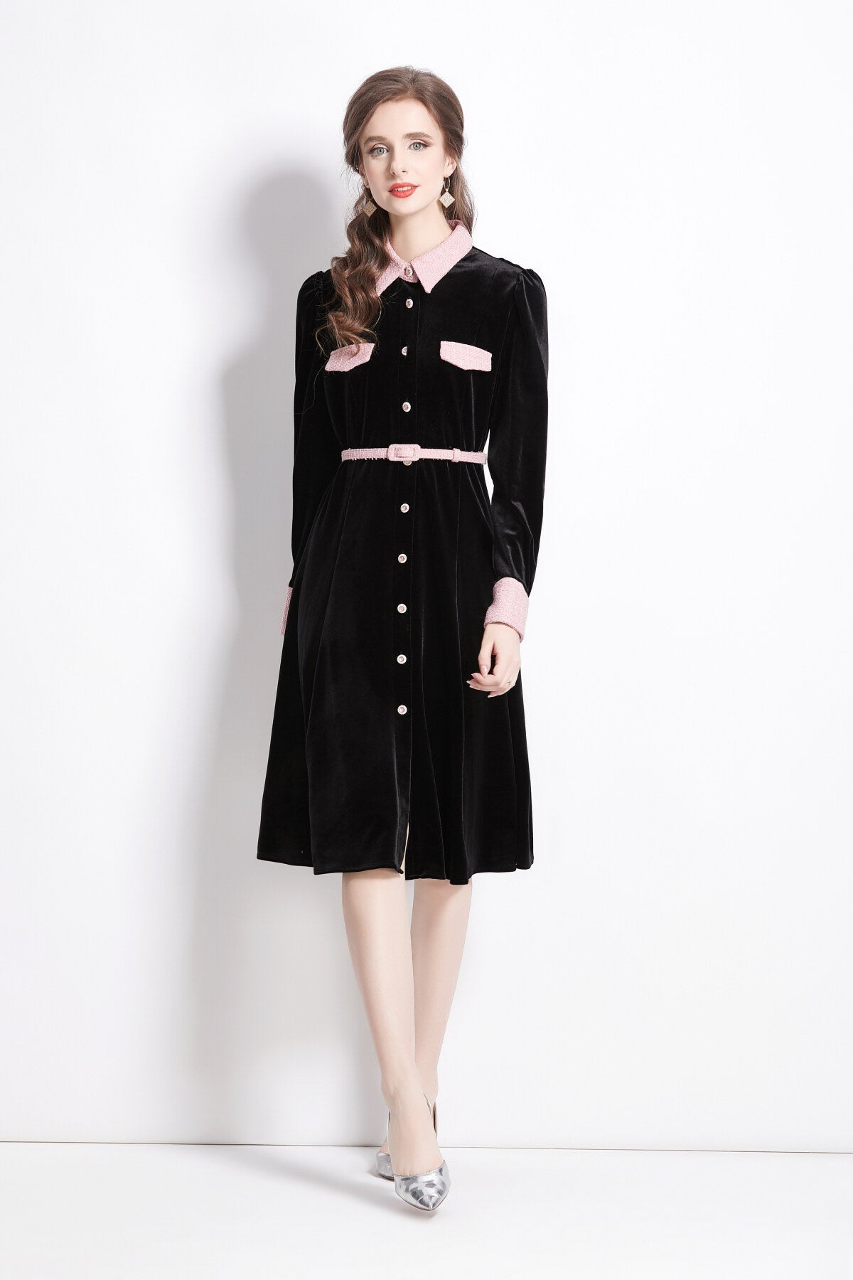Velvet Slim Fit Black Polo Midi Dress