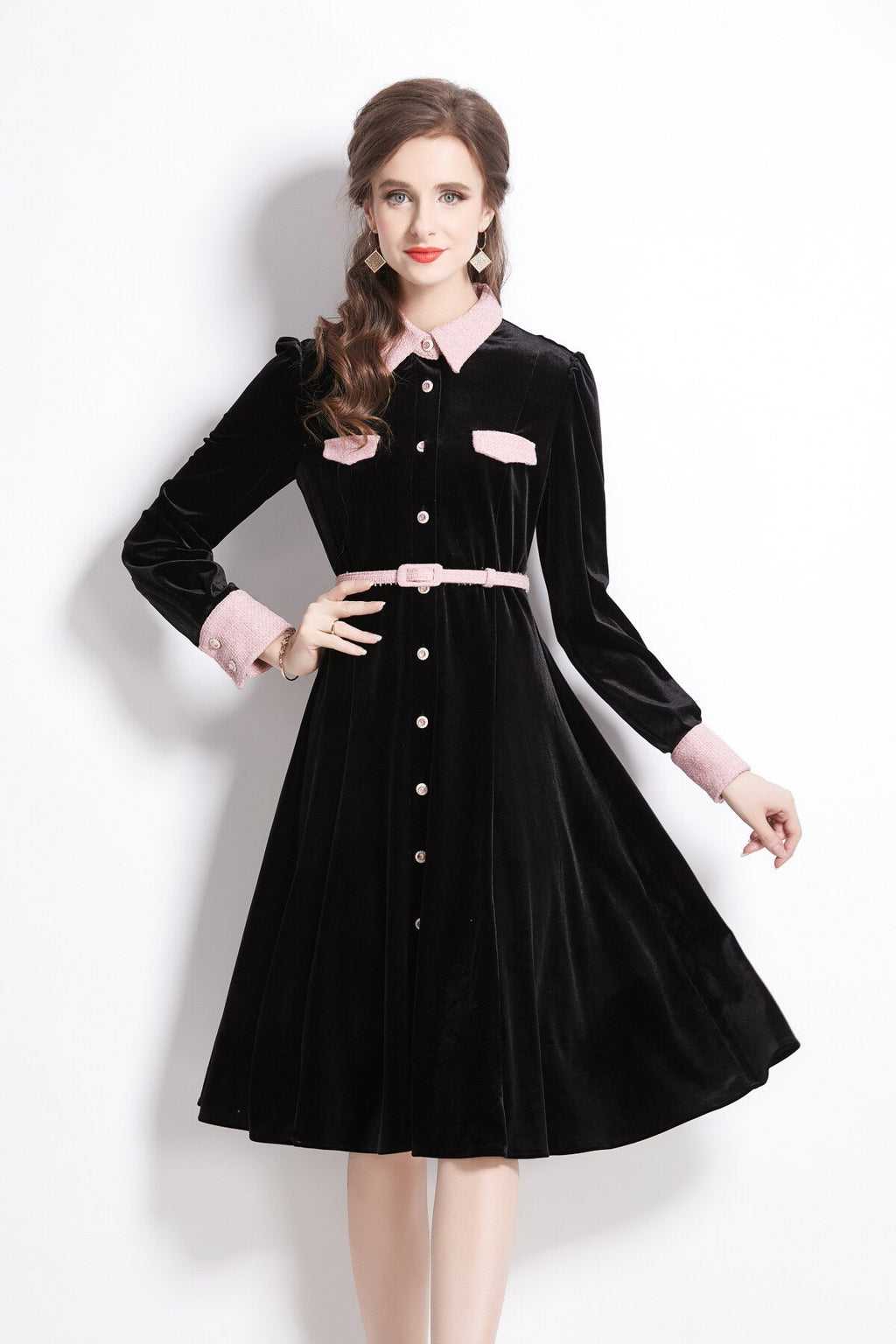 Velvet Slim Fit Black Polo Midi Dress