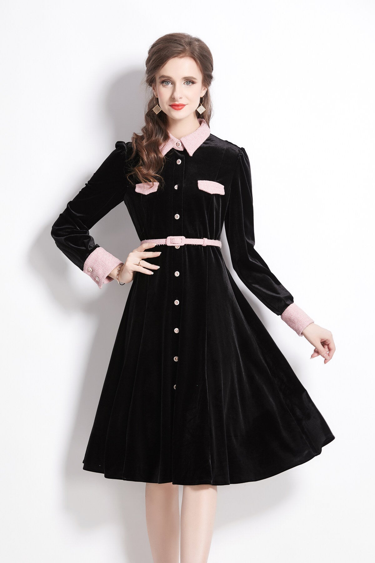 Velvet Slim Fit Black Polo Midi Dress