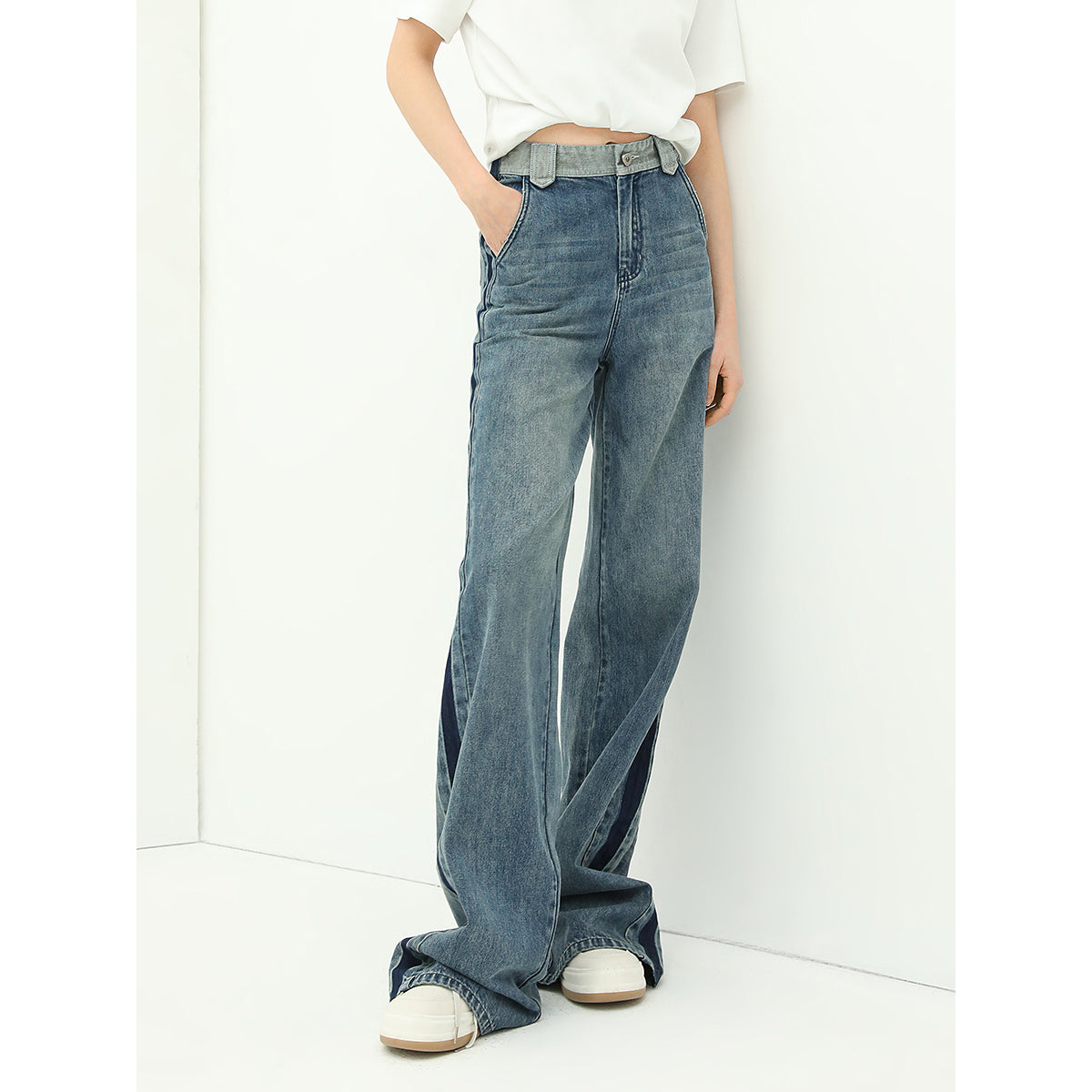 Washed Denim Flared Blue Jeans-2