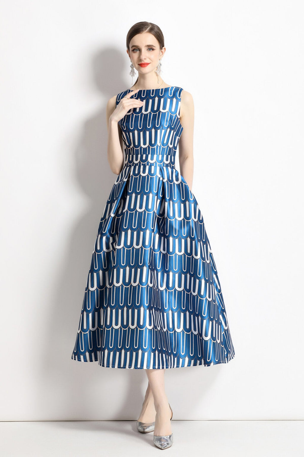 White and Blue Slim Fit A Line Tea Dress