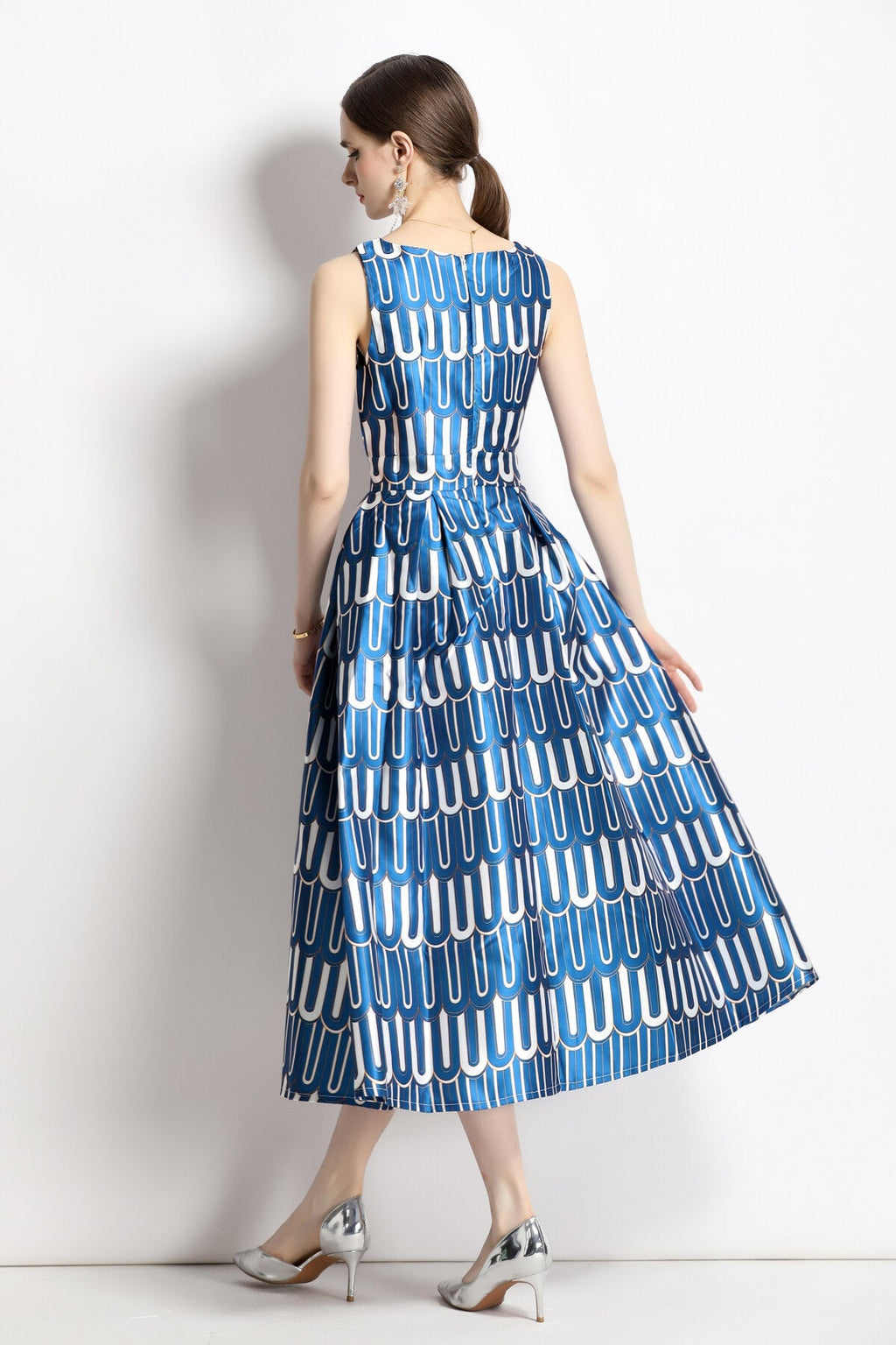 White and Blue Slim Fit A Line Tea Dress
