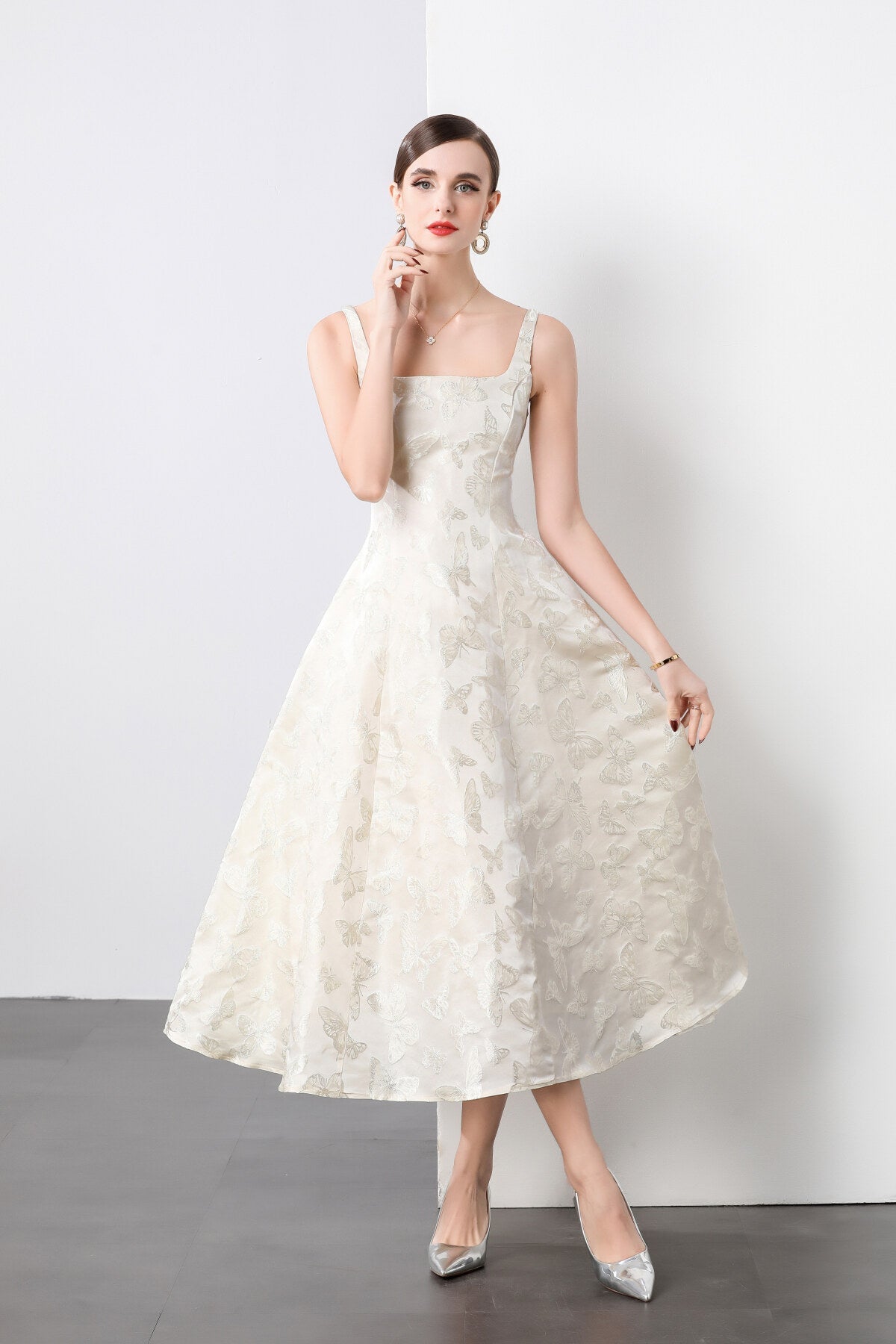 White Jacquard Square Neck Balletcore Wedding Dress