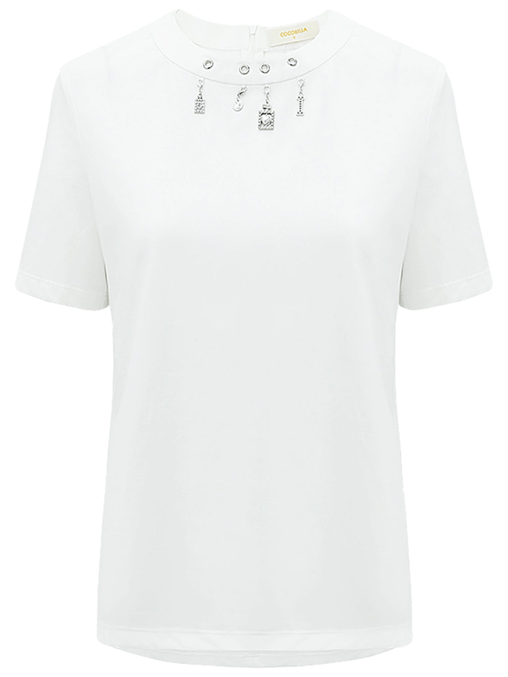 White Round Neck Tee with Embellished Charms-3