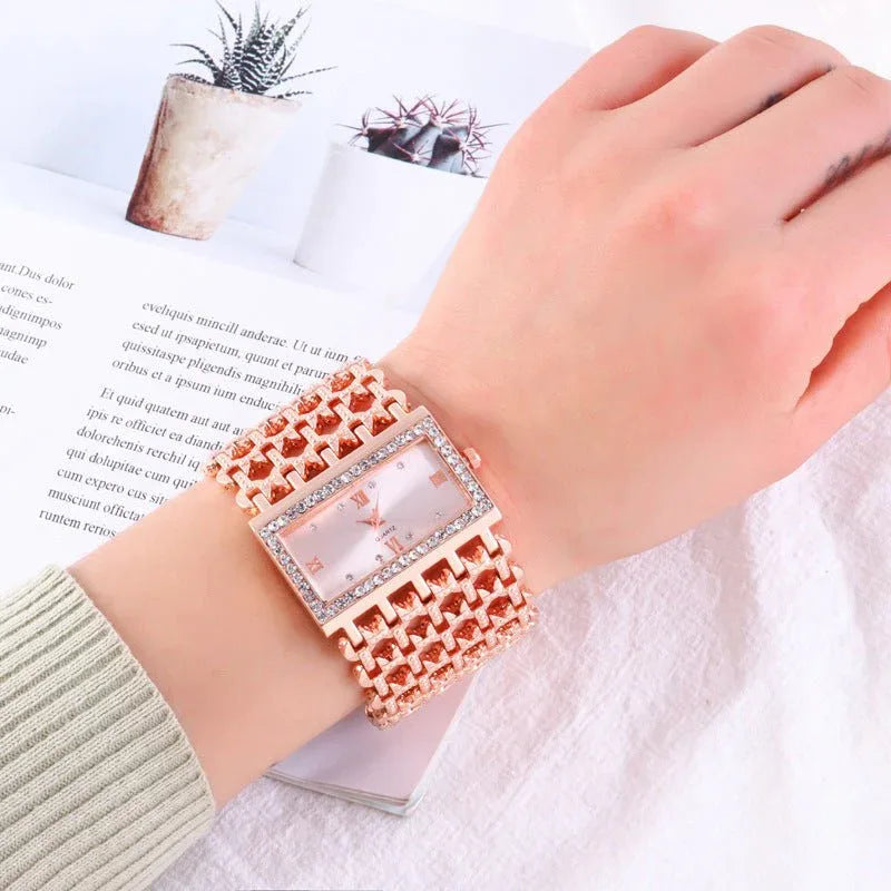 Women's Steel Band Rectangular Shaped Rhinestone Watch