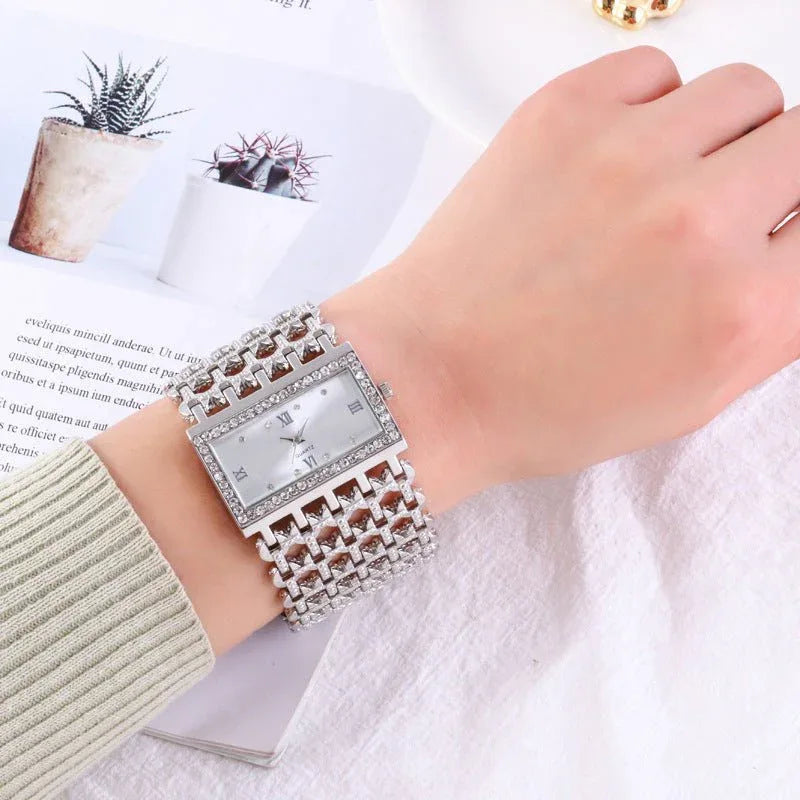 Women's Steel Band Rectangular Shaped Rhinestone Watch